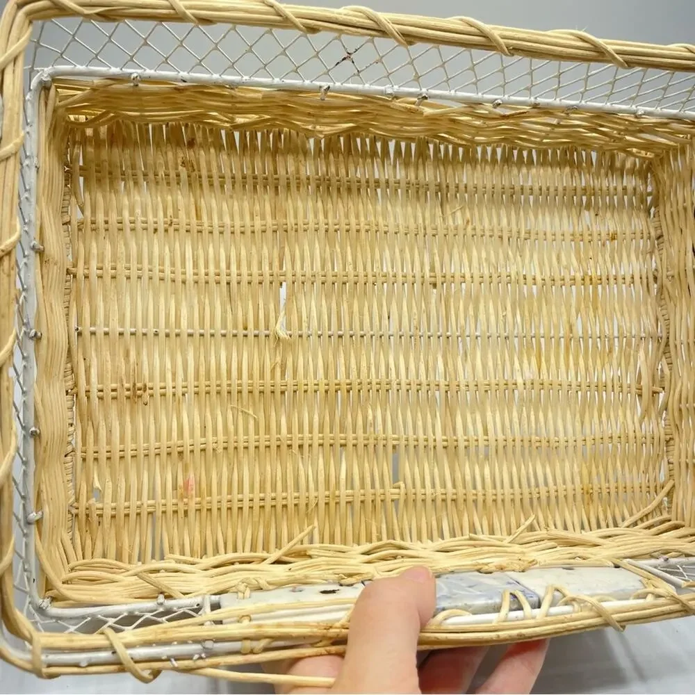 Vintage Three Piece Rectangle Woven Basket With Blue Porcelain Tile Accents